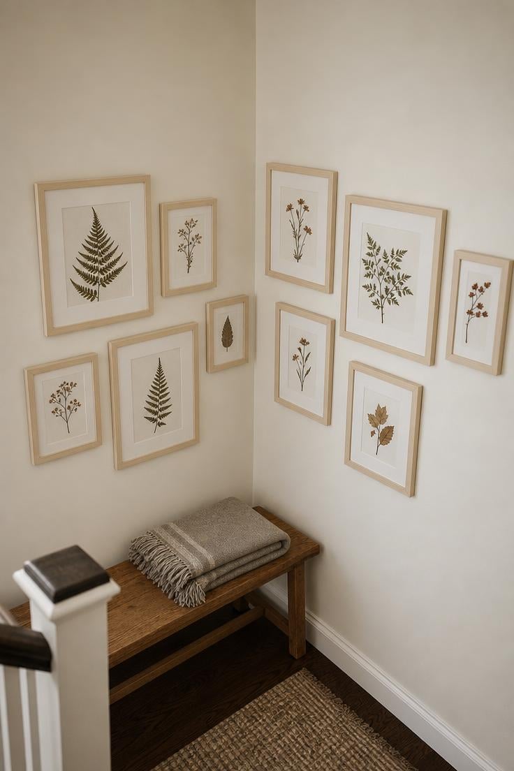 11 Stunning Corner Wall Decor Ideas to Fill Dead Space 6 A corner gallery wall of pressed botanical specimens in raw maple frames wrapping around a hallway corner, viewed from a slight overhead angle in soft diffused light
