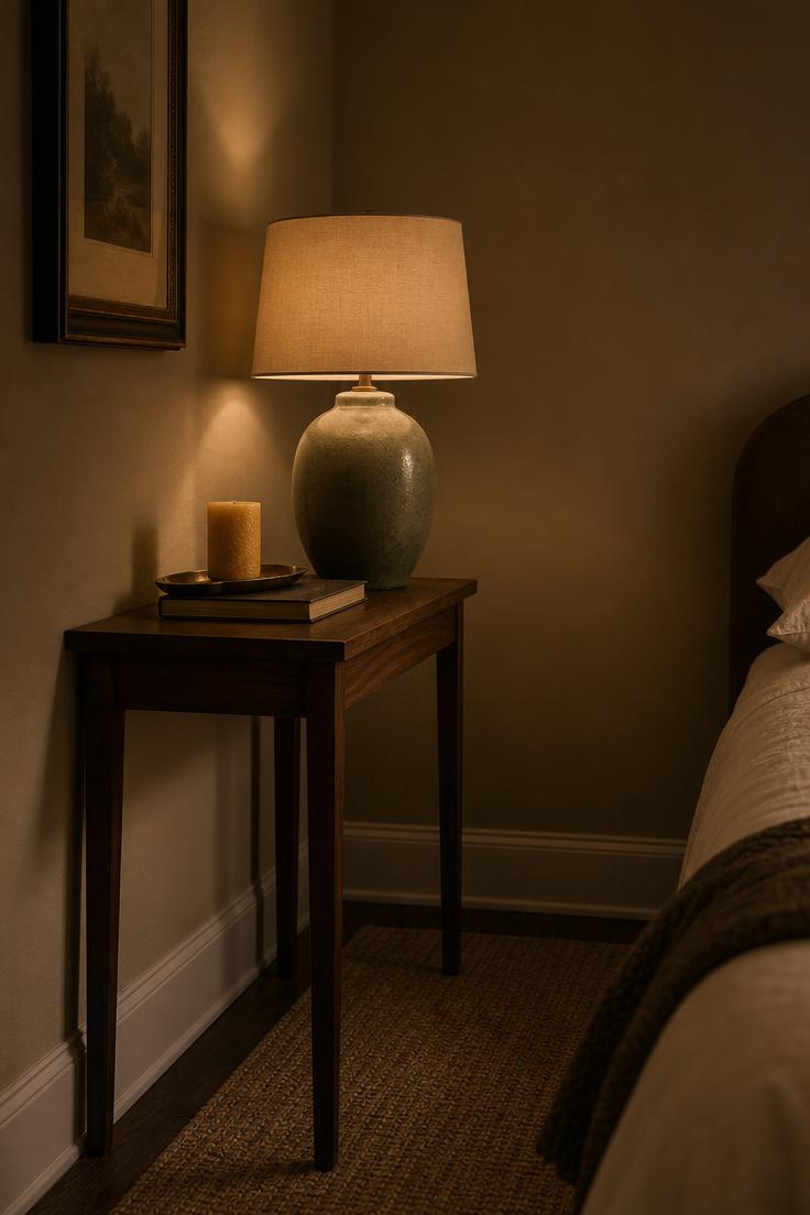 11 Stunning Corner Wall Decor Ideas to Fill Dead Space 7 A slim walnut console table in a moody bedroom corner holding a large sage green ceramic lamp glowing warmly as the room's primary light source