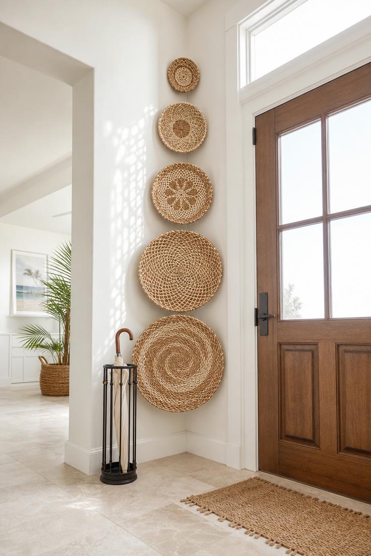 11 Stunning Corner Wall Decor Ideas to Fill Dead Space 8 Four graduated seagrass baskets mounted vertically along a corner seam in a bright entryway, creating a tapering column from large at bottom to small near ceiling