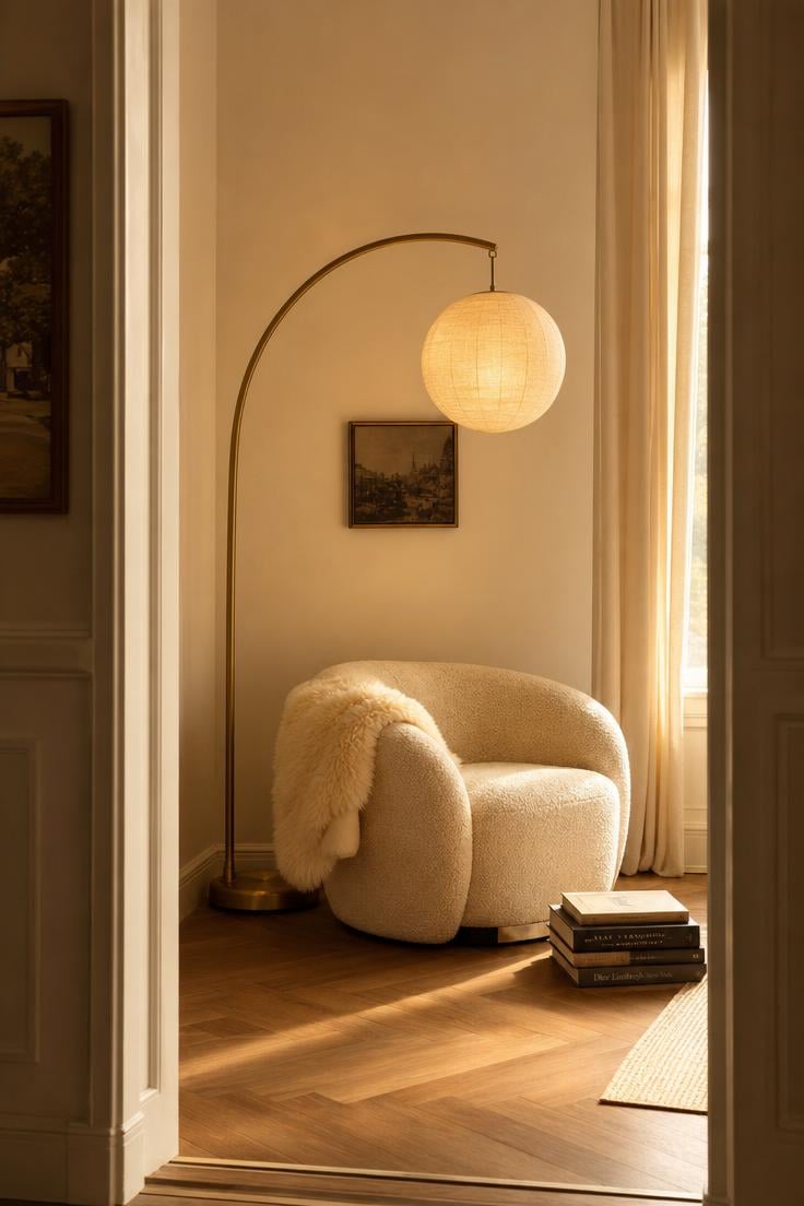 11 Stunning Corner Wall Decor Ideas to Fill Dead Space 9 A brushed brass arc floor lamp curving over an ivory boucle accent chair with sheepskin throw in a warm living room corner, viewed from the doorway