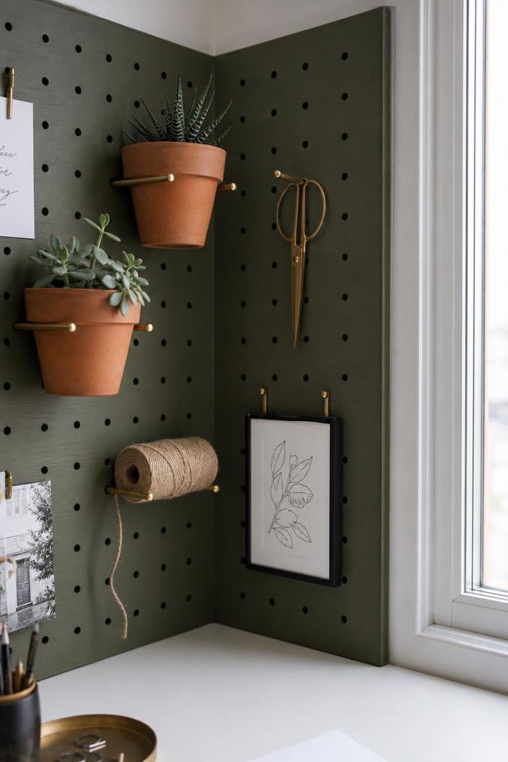 11 Stunning Corner Wall Decor Ideas to Fill Dead Space 10 Close-up of a matte olive pegboard wrapping around an office corner, holding brass hooks with succulents, scissors, twine, and a framed line drawing in cool overcast light
