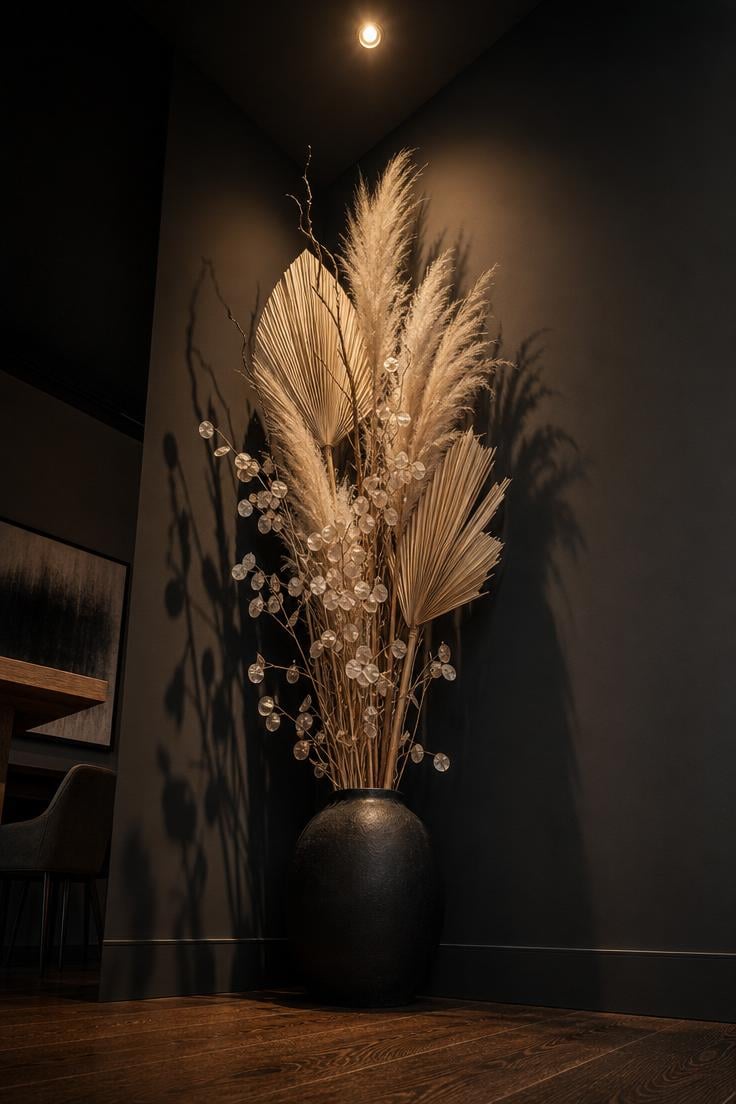 11 Stunning Corner Wall Decor Ideas to Fill Dead Space 11 A tall matte black stoneware vase in a dining room corner holding dried pampas plumes, lunaria pods, and bleached palm fans reaching toward the ceiling under dramatic spotlight