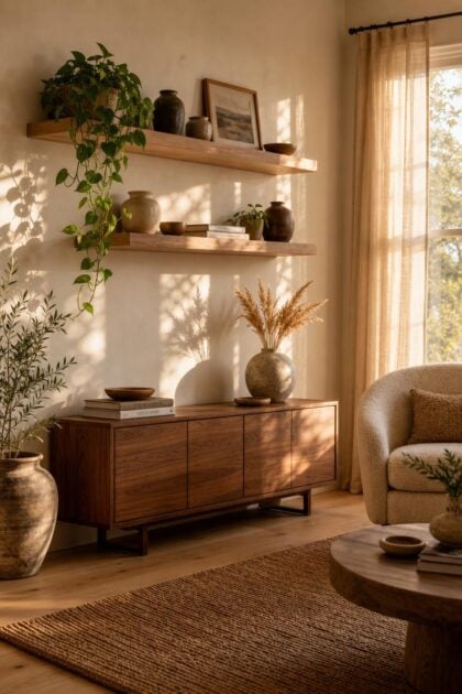11 Stunning Corner Wall Decor Ideas to Fill Dead Space A styled living room corner with white oak floating shelves, collected pottery, trailing pothos, and a walnut credenz