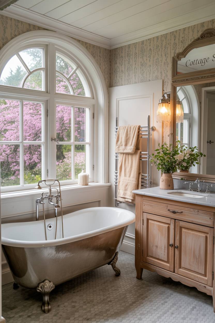 23 Cozy Cottage Bathroom Ideas for a Warm, Inviting Space 1 Luxurious cottage bathroom with clawfoot bathtub, wooden vanity, and garden window