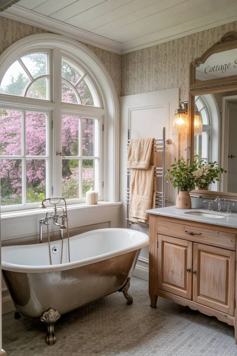 23 Cozy Cottage Bathroom Ideas for a Warm, Inviting Space 1 Luxurious cottage bathroom with clawfoot bathtub, wooden vanity, and garden window