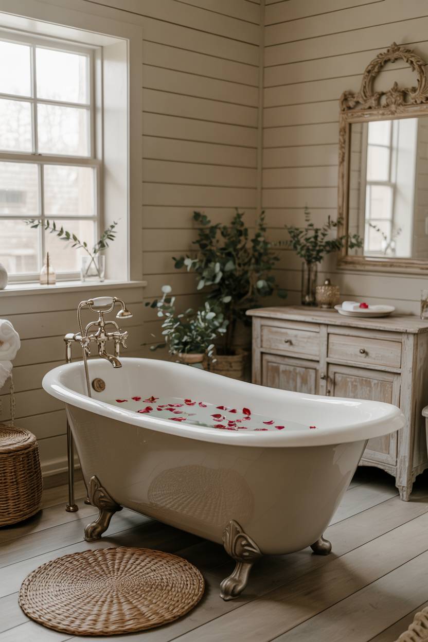 23 Cozy Cottage Bathroom Ideas for a Warm, Inviting Space 2 White clawfoot bathtub filled with bubbles and rose petals in cottage bathroom