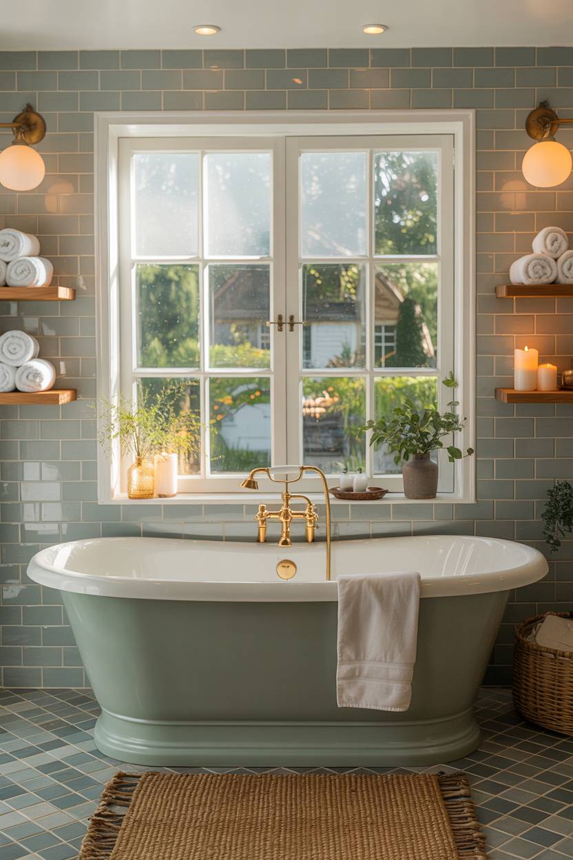 23 Cozy Cottage Bathroom Ideas for a Warm, Inviting Space 3 Cottage bathroom featuring soaking tub with gold fixtures and garden view