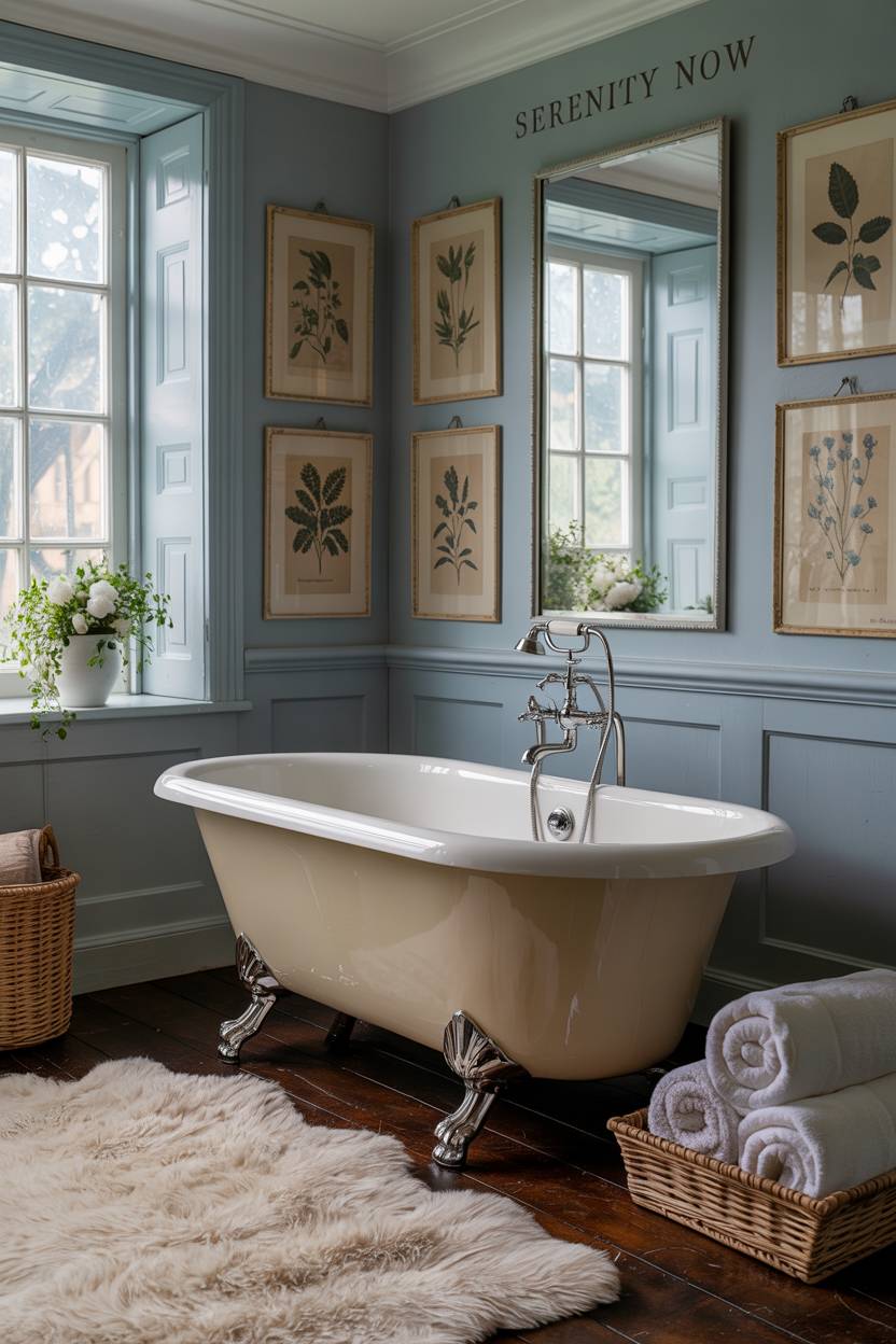 23 Cozy Cottage Bathroom Ideas for a Warm, Inviting Space 4 Cottage bathroom with clawfoot tub surrounded by botanical wall art
