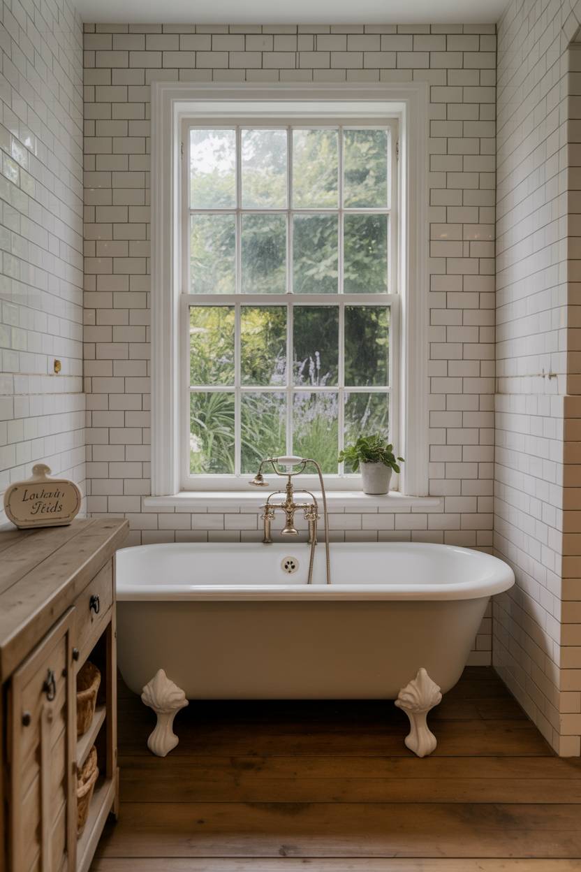 23 Cozy Cottage Bathroom Ideas for a Warm, Inviting Space 6 Cottage bathroom with white subway tile and clawfoot tub