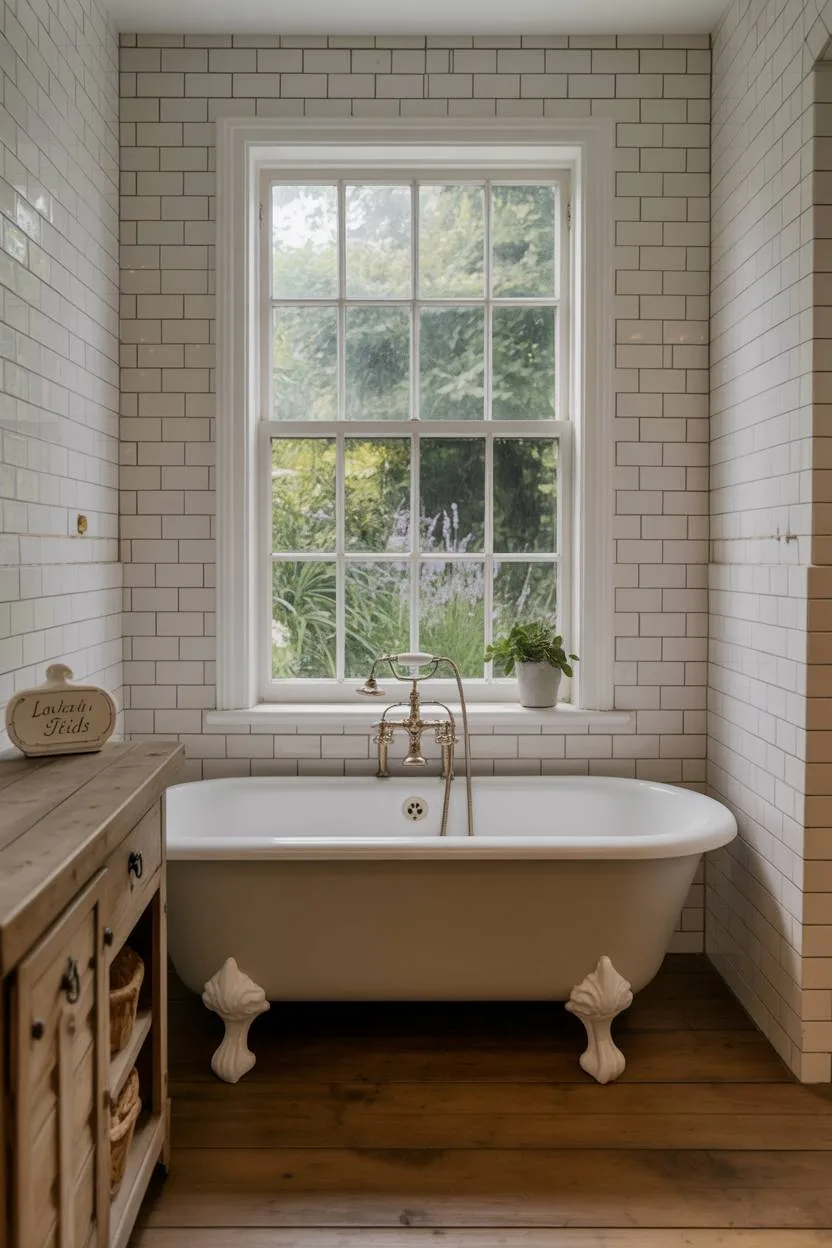 23 Cozy Cottage Bathroom Ideas for a Warm, Inviting Space 6 Cottage bathroom with white subway tile and clawfoot tub