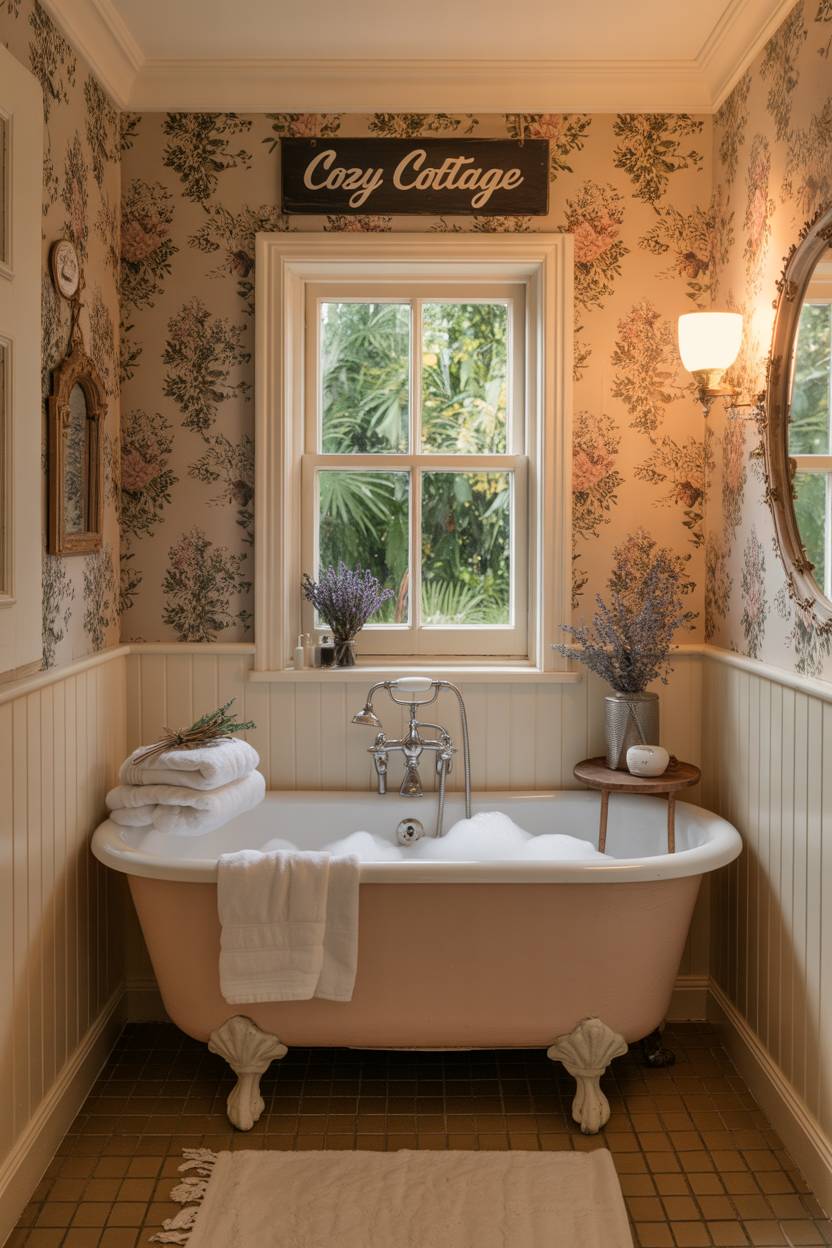 23 Cozy Cottage Bathroom Ideas for a Warm, Inviting Space 7 Cottage bathroom with floral wallpaper and bubble-filled clawfoot tub