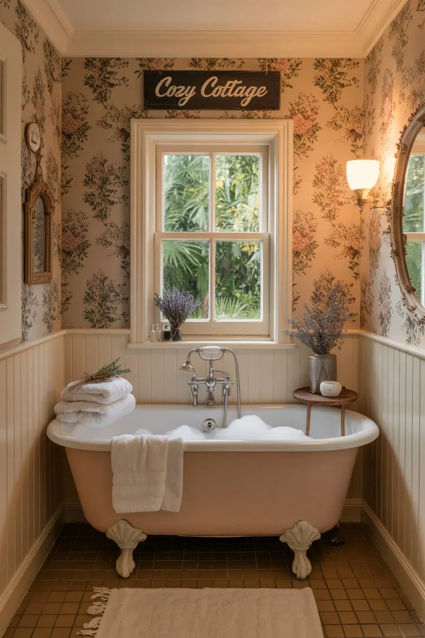 23 Cozy Cottage Bathroom Ideas for a Warm, Inviting Space 7 Cottage bathroom with floral wallpaper and bubble-filled clawfoot tub