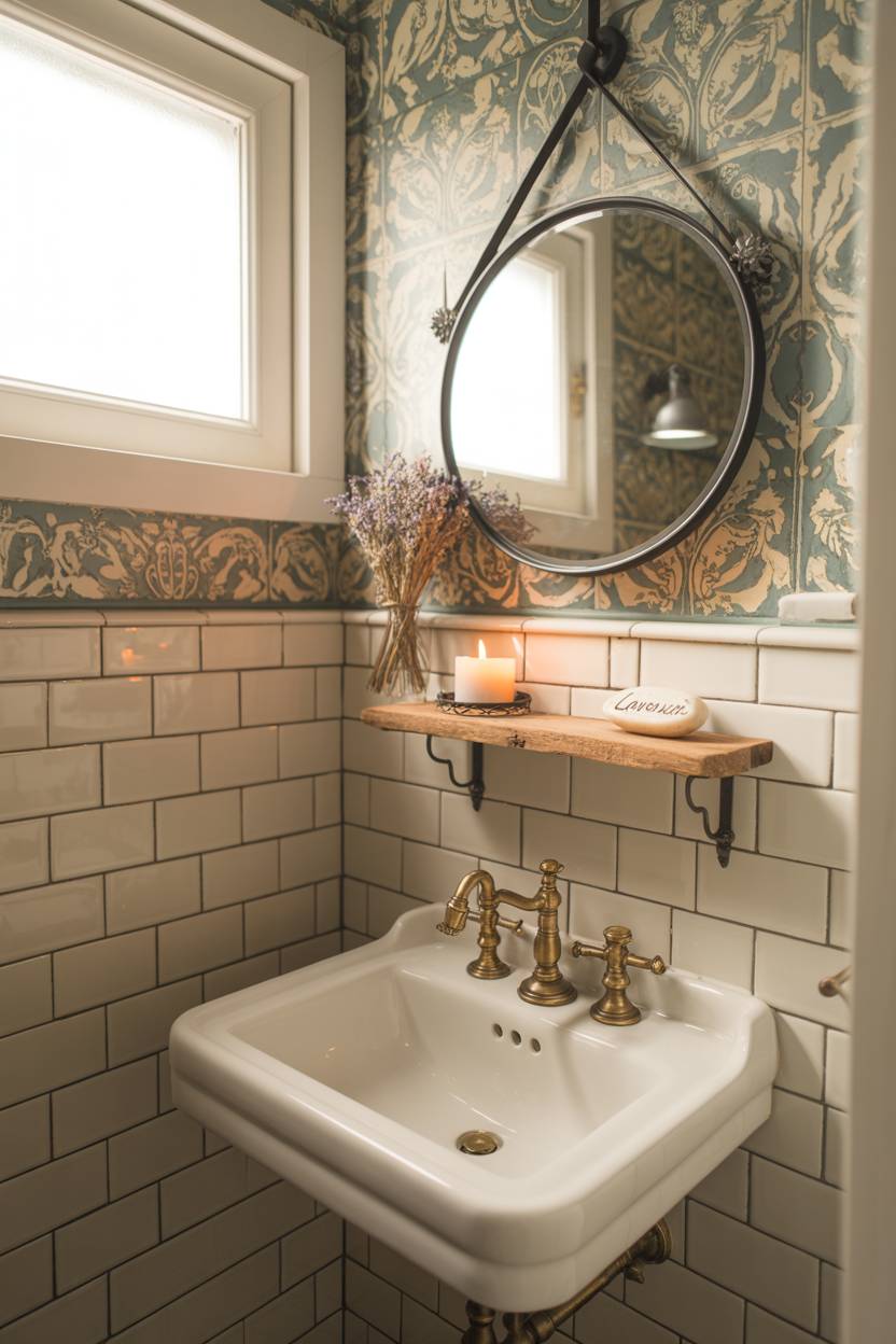 23 Cozy Cottage Bathroom Ideas for a Warm, Inviting Space 8 Half bathroom with teal patterned wallpaper and vintage pedestal sink