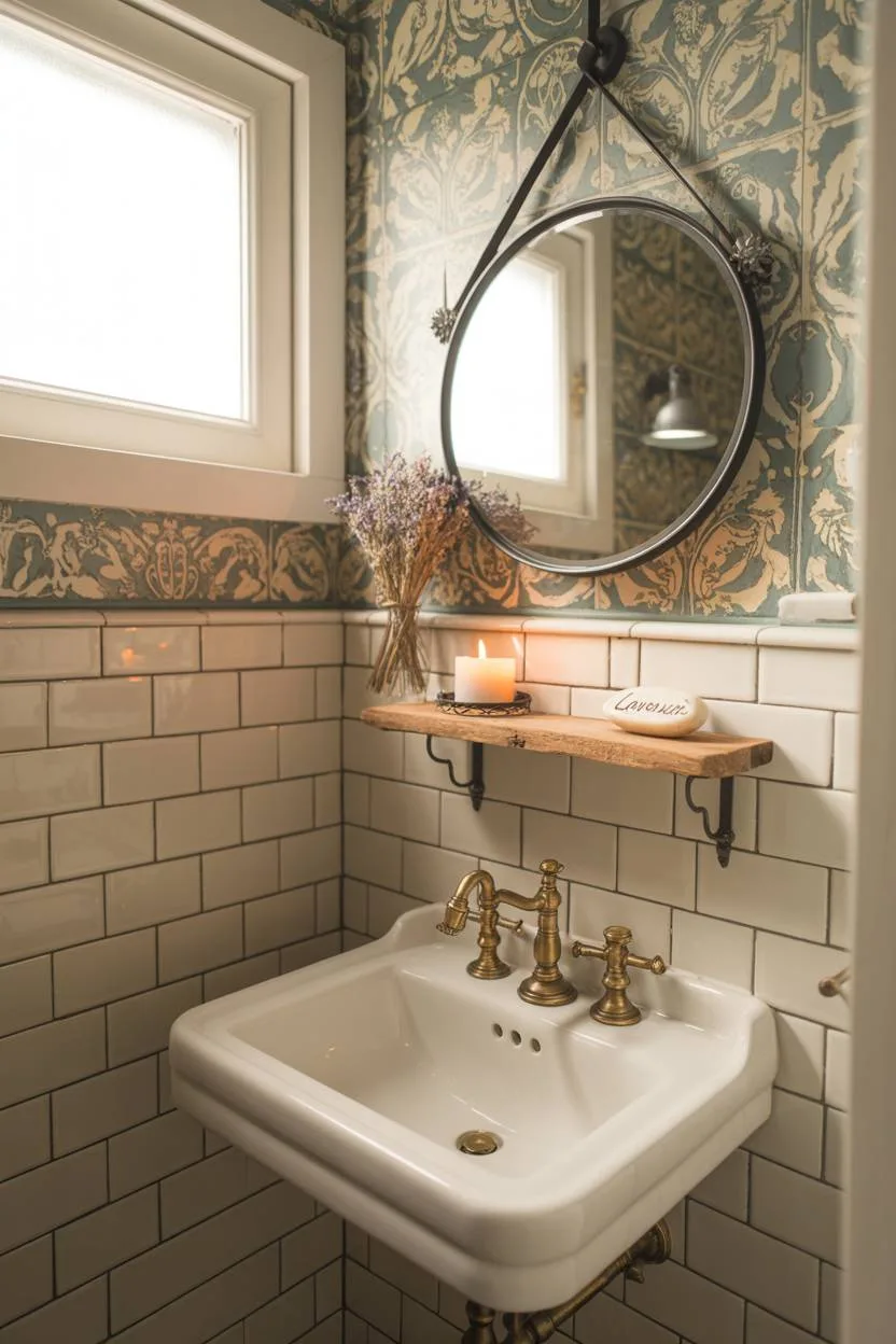 23 Cozy Cottage Bathroom Ideas for a Warm, Inviting Space 8 Half bathroom with teal patterned wallpaper and vintage pedestal sink