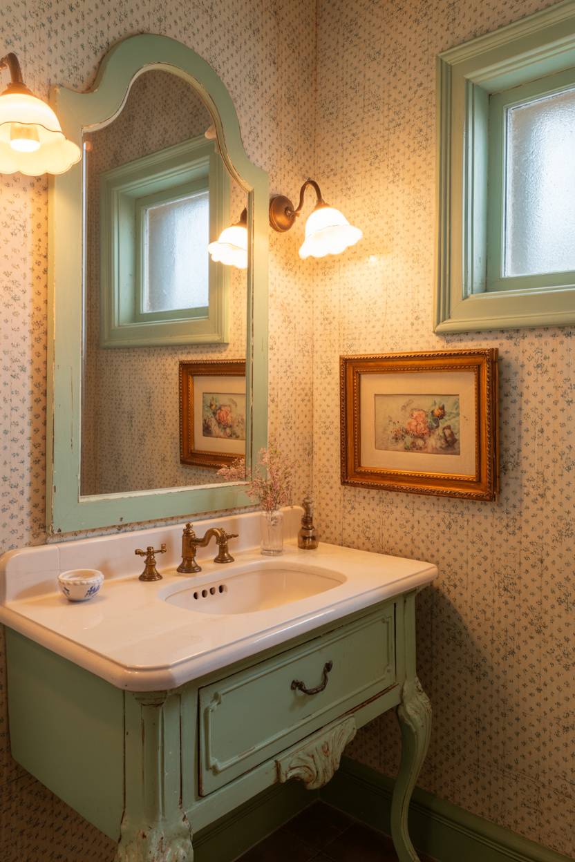 23 Cozy Cottage Bathroom Ideas for a Warm, Inviting Space 9 Half bathroom featuring sage green vanity with floral wallpaper