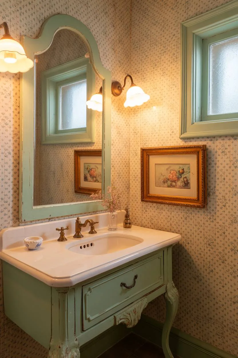 23 Cozy Cottage Bathroom Ideas for a Warm, Inviting Space 9 Half bathroom featuring sage green vanity with floral wallpaper