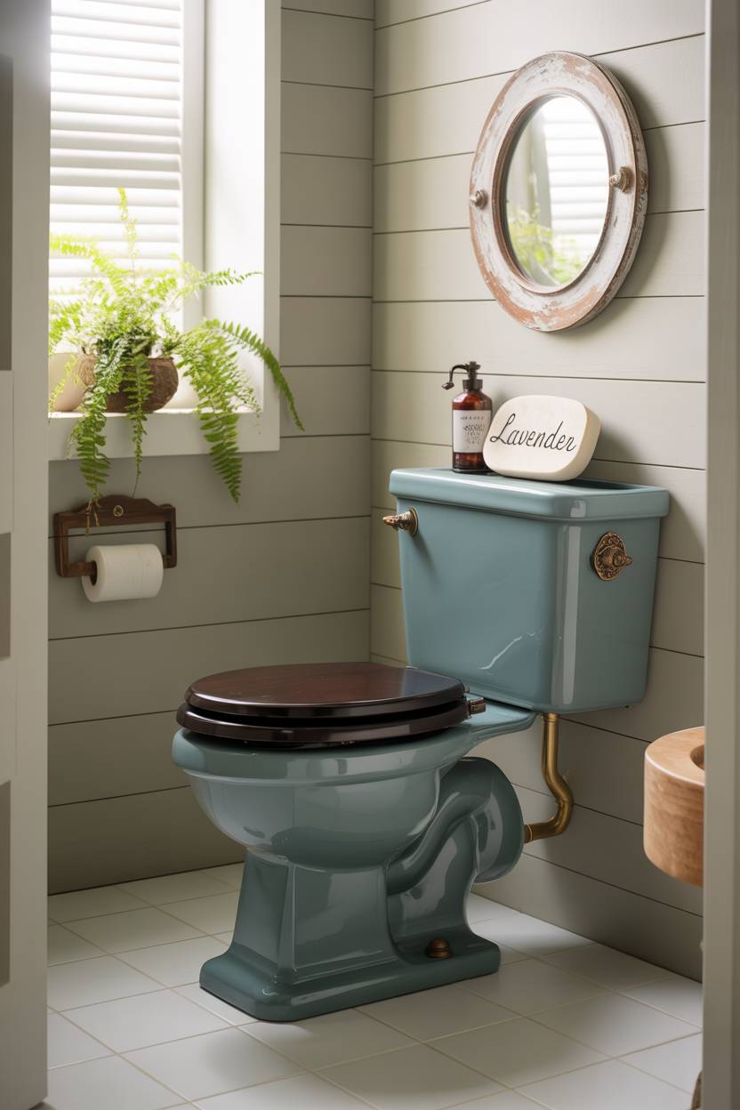 23 Cozy Cottage Bathroom Ideas for a Warm, Inviting Space 10 Half bathroom with dark teal toilet and shiplap walls