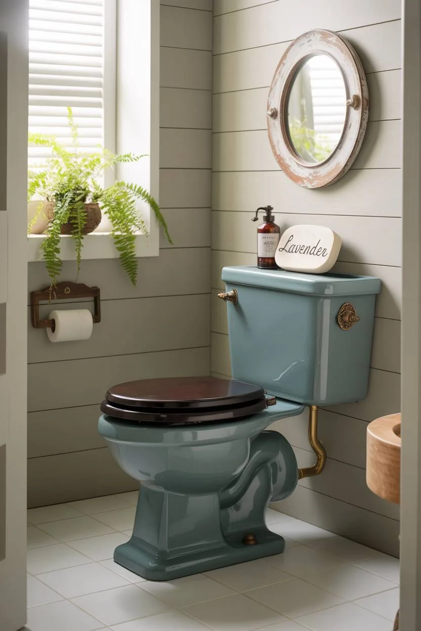23 Cozy Cottage Bathroom Ideas for a Warm, Inviting Space 10 Half bathroom with dark teal toilet and shiplap walls