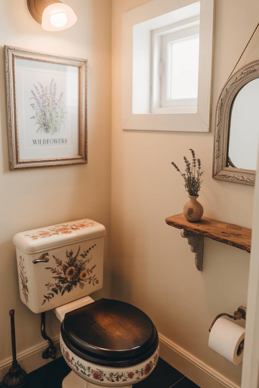23 Cozy Cottage Bathroom Ideas for a Warm, Inviting Space 11 Half bathroom with floral pattern toilet and wildflower artwork