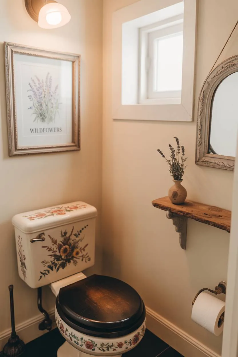 23 Cozy Cottage Bathroom Ideas for a Warm, Inviting Space 11 Half bathroom with floral pattern toilet and wildflower artwork