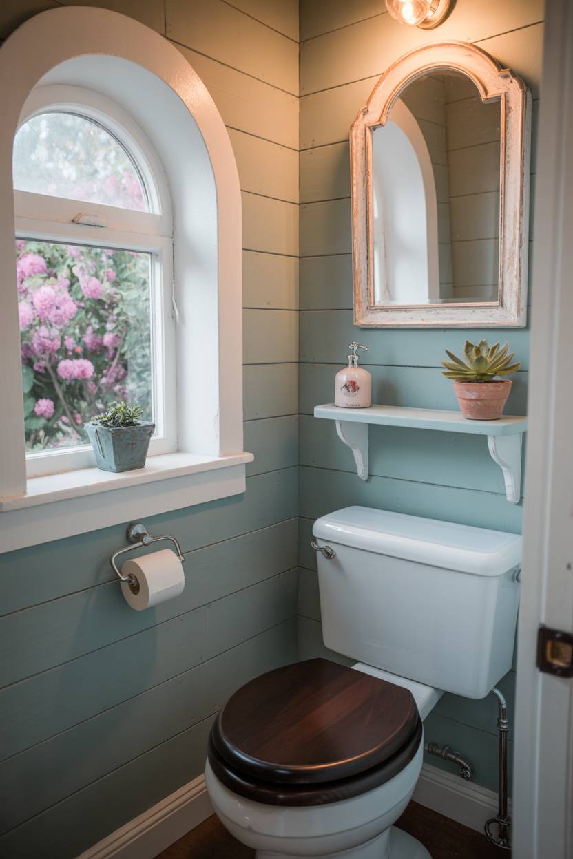 23 Cozy Cottage Bathroom Ideas for a Warm, Inviting Space 12 Half bathroom with arched window overlooking blooming garden