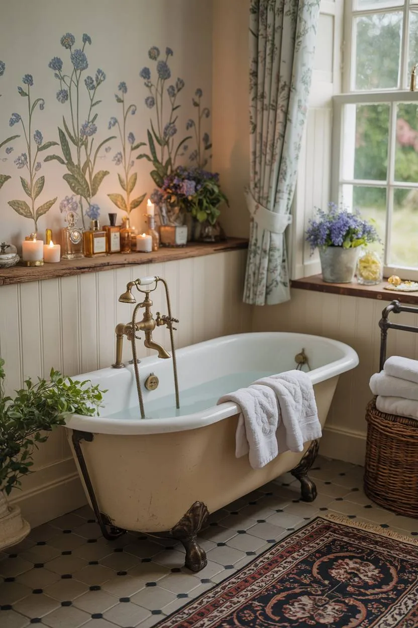 23 Cozy Cottage Bathroom Ideas for a Warm, Inviting Space 13 English cottage bathroom with botanical wallpaper and clawfoot tub
