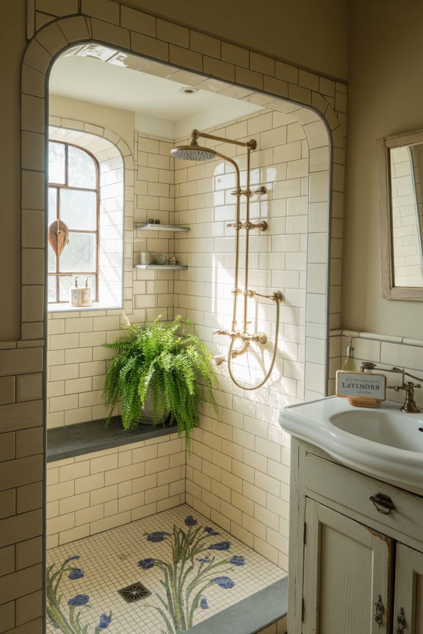 23 Cozy Cottage Bathroom Ideas for a Warm, Inviting Space 14 English cottage bathroom with walk-in shower and subway tiles