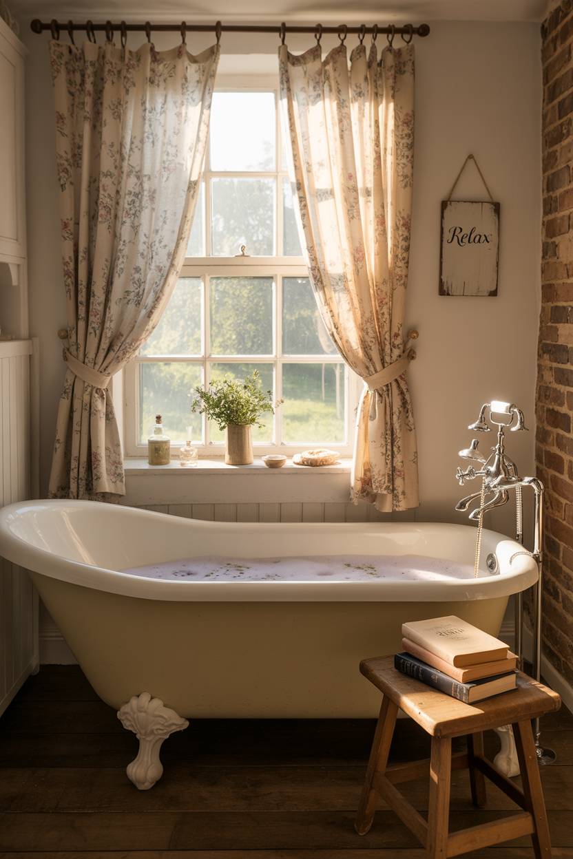 23 Cozy Cottage Bathroom Ideas for a Warm, Inviting Space 15 English cottage bathroom with lavender bathwater and floral curtains