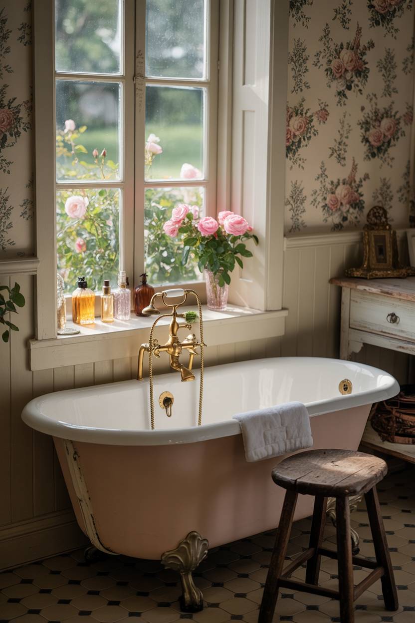 23 Cozy Cottage Bathroom Ideas for a Warm, Inviting Space 16 English cottage bathroom with clawfoot tub overlooking rose garden