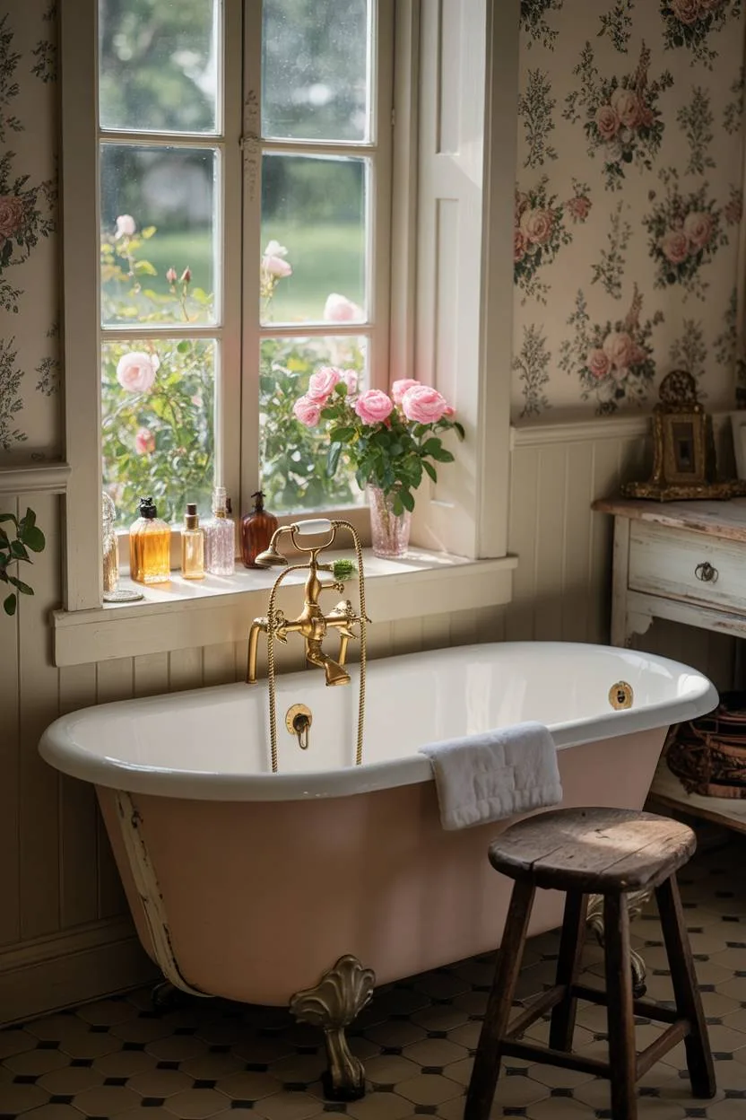 23 Cozy Cottage Bathroom Ideas for a Warm, Inviting Space 16 English cottage bathroom with clawfoot tub overlooking rose garden