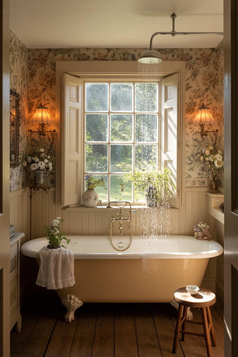 23 Cozy Cottage Bathroom Ideas for a Warm, Inviting Space 17 English cottage bathroom with rainfall shower and floral wallpaper