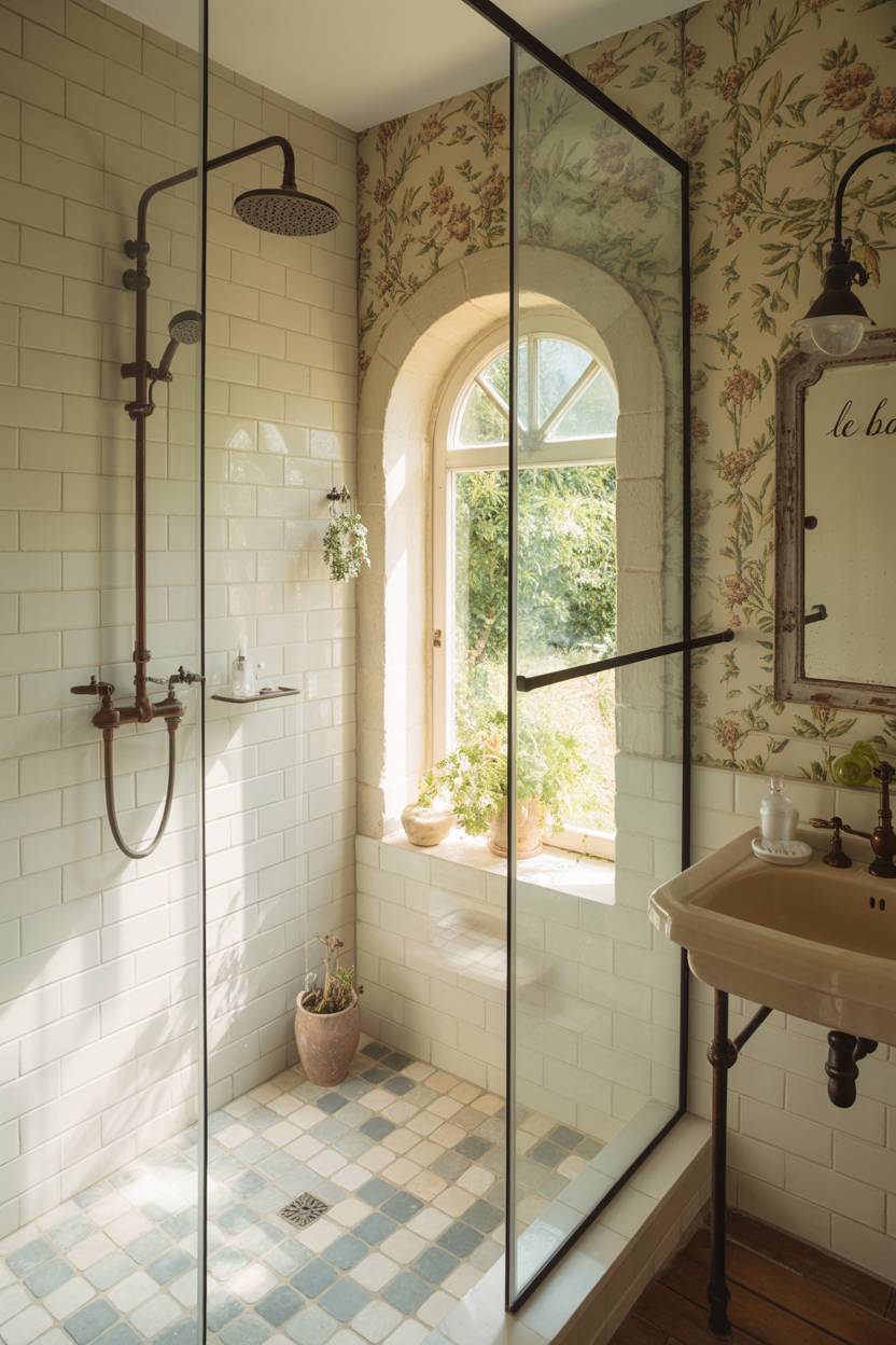 23 Cozy Cottage Bathroom Ideas for a Warm, Inviting Space 18 French cottage bathroom with glass-enclosed shower and patterned tile