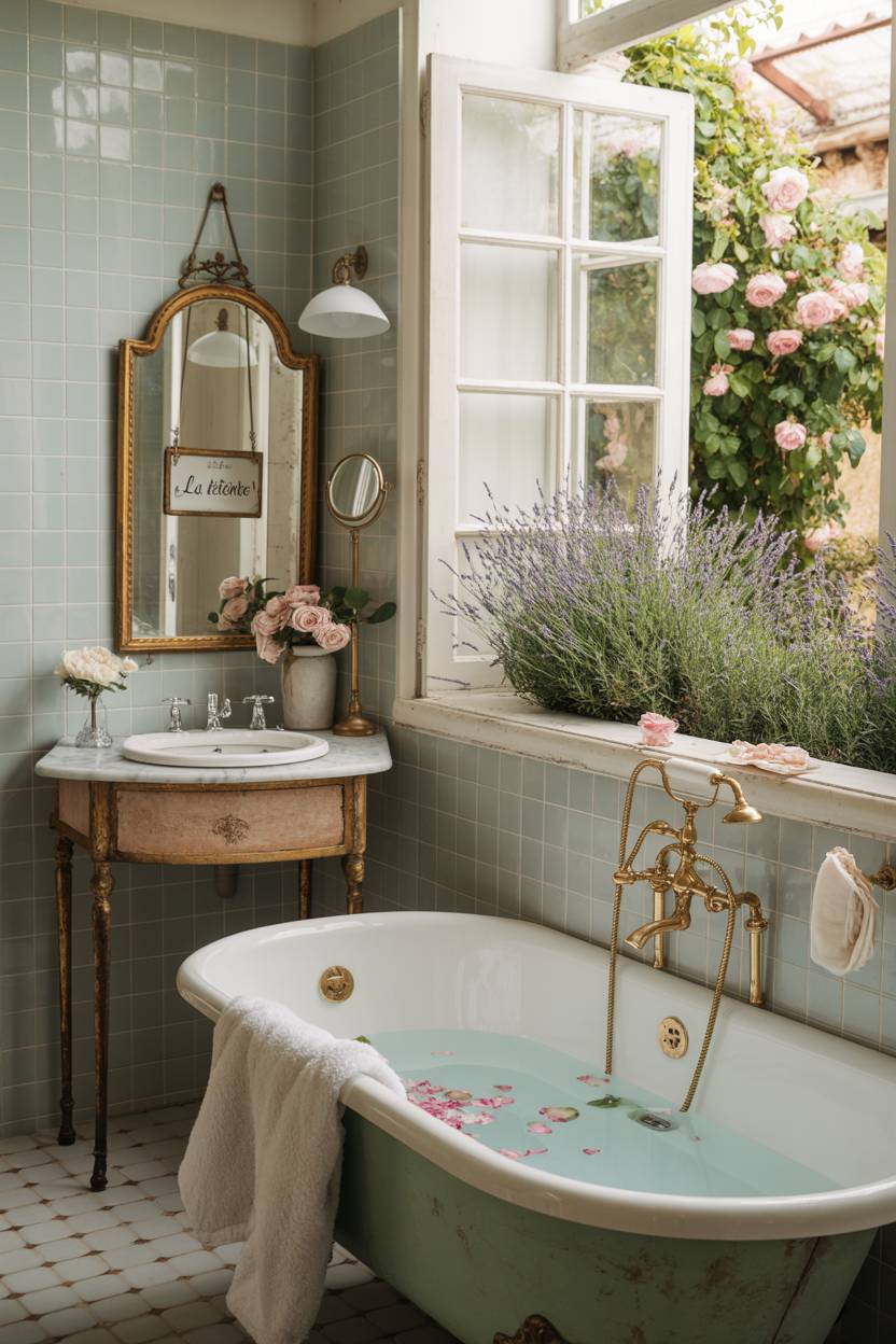 23 Cozy Cottage Bathroom Ideas for a Warm, Inviting Space 19 French cottage bathroom with brass fixtures and rose petals