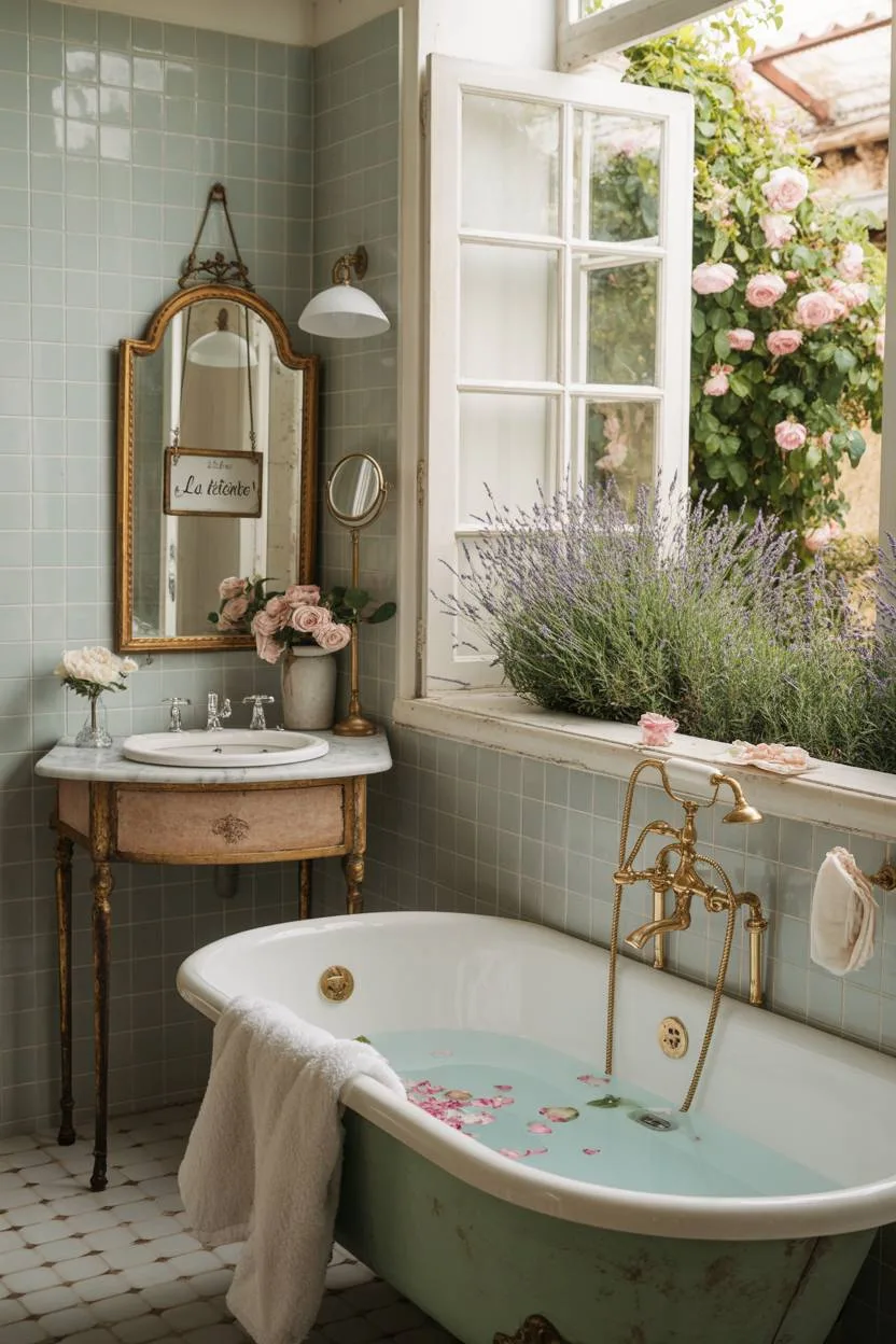 23 Cozy Cottage Bathroom Ideas for a Warm, Inviting Space 19 French cottage bathroom with brass fixtures and rose petals