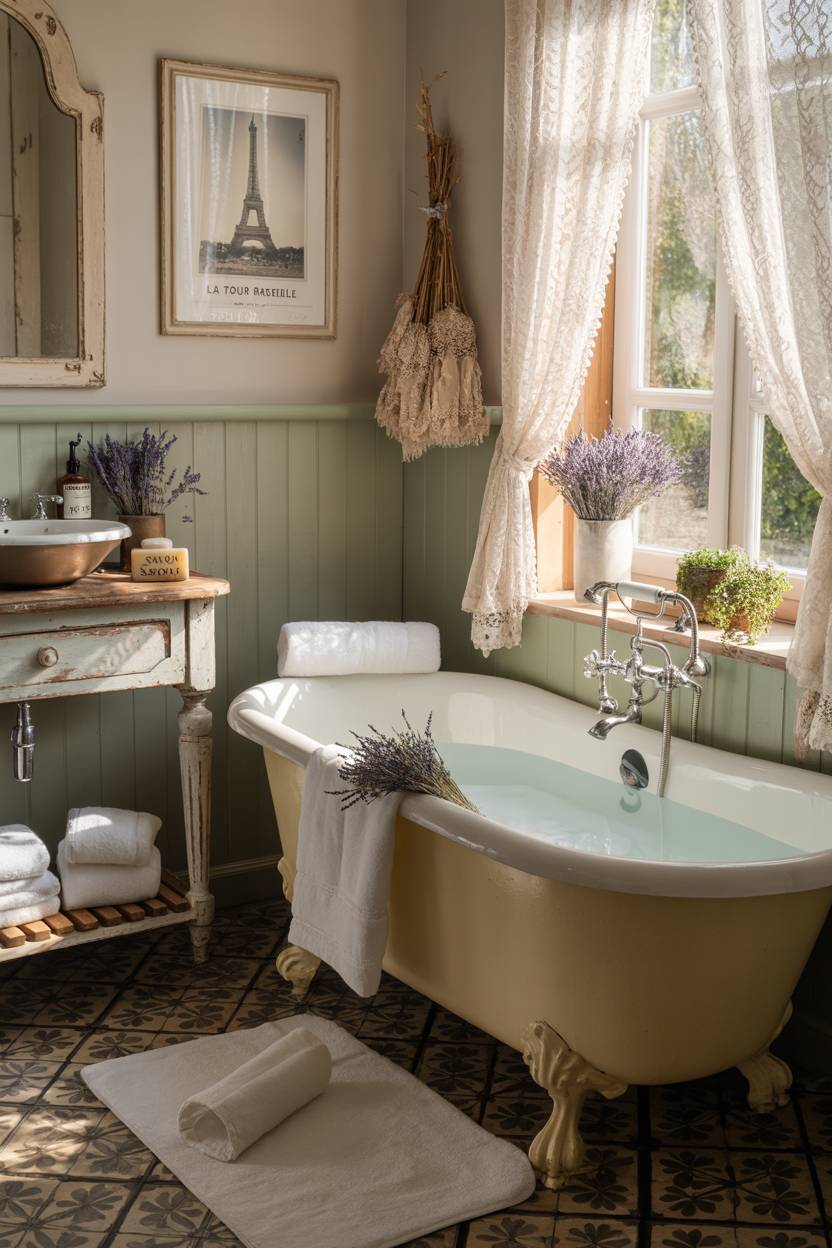 23 Cozy Cottage Bathroom Ideas for a Warm, Inviting Space 20 French cottage bathroom with cream clawfoot tub and dried lavender