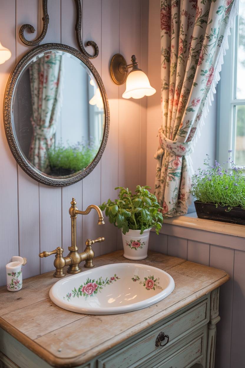 23 Cozy Cottage Bathroom Ideas for a Warm, Inviting Space 21 French cottage half bathroom with floral porcelain sink and wrought-iron mirror