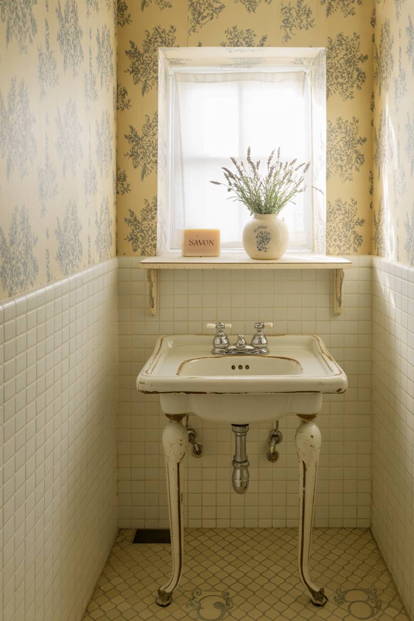 23 Cozy Cottage Bathroom Ideas for a Warm, Inviting Space 22 French cottage half bathroom with Savon soap and lavender wallpaper