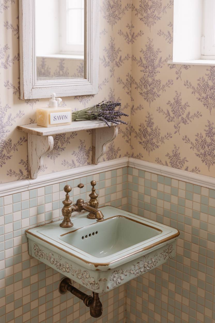 23 Cozy Cottage Bathroom Ideas for a Warm, Inviting Space 23 French cottage half bathroom with lavender wallpaper and checkerboard tile