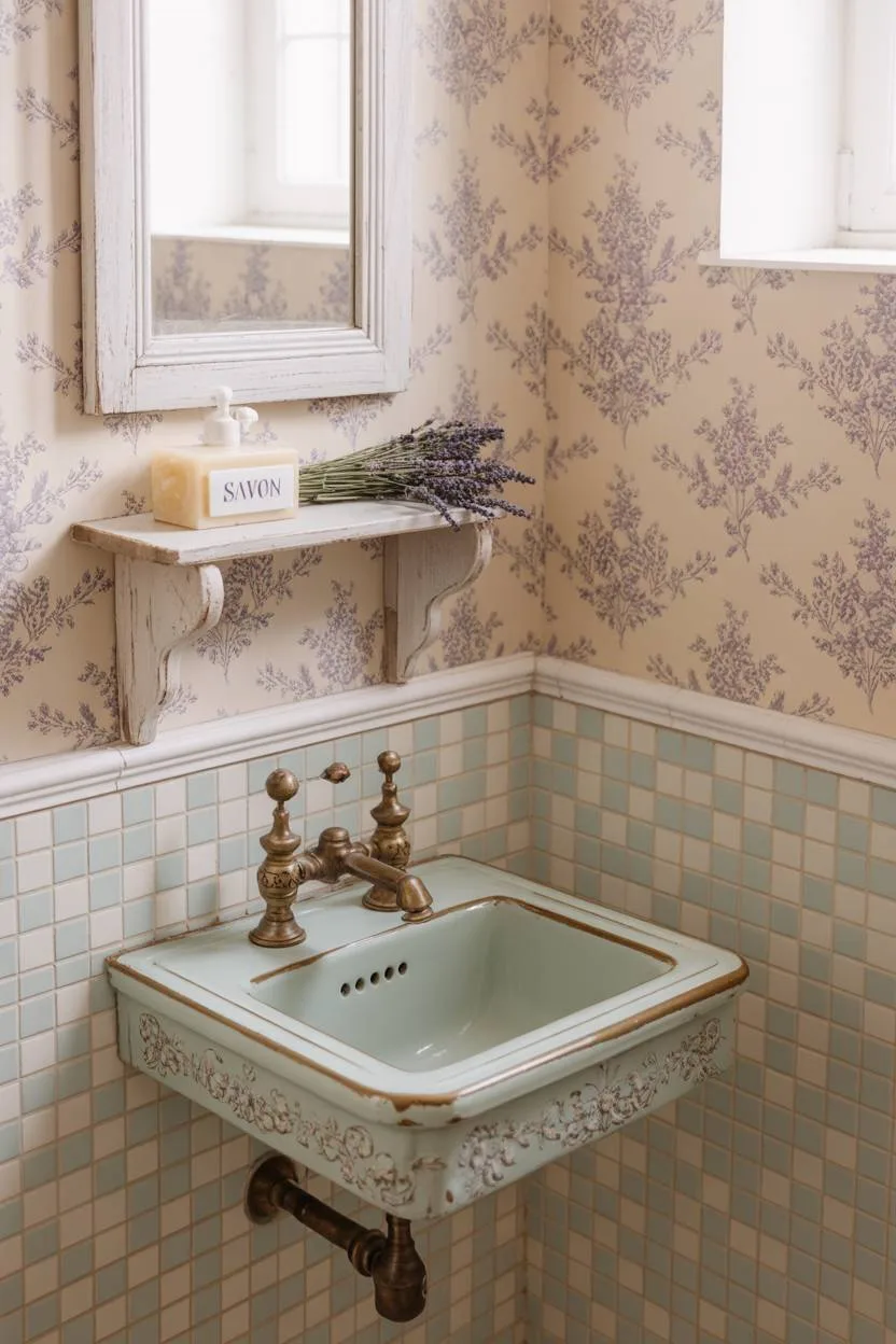 23 Cozy Cottage Bathroom Ideas for a Warm, Inviting Space 23 French cottage half bathroom with lavender wallpaper and checkerboard tile