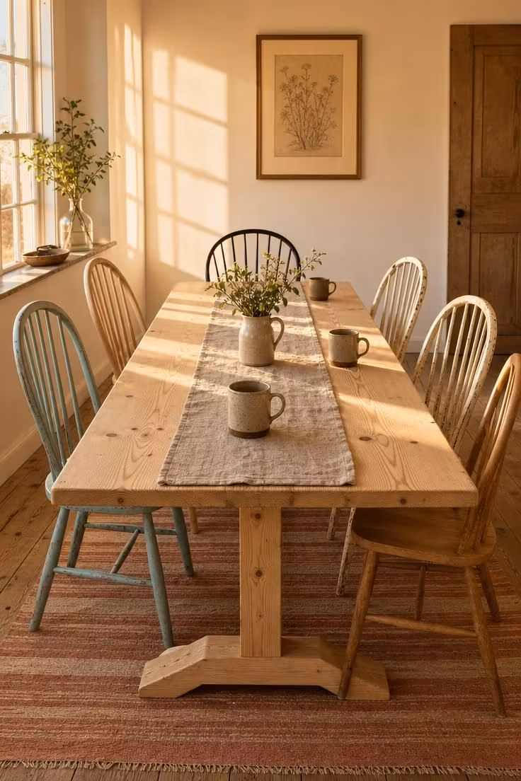 A bleached pine trestle table surrounded by mismatched Windsor chairs in various painted and natural finishes, bathed in warm afternoon light in a cottage dining room.