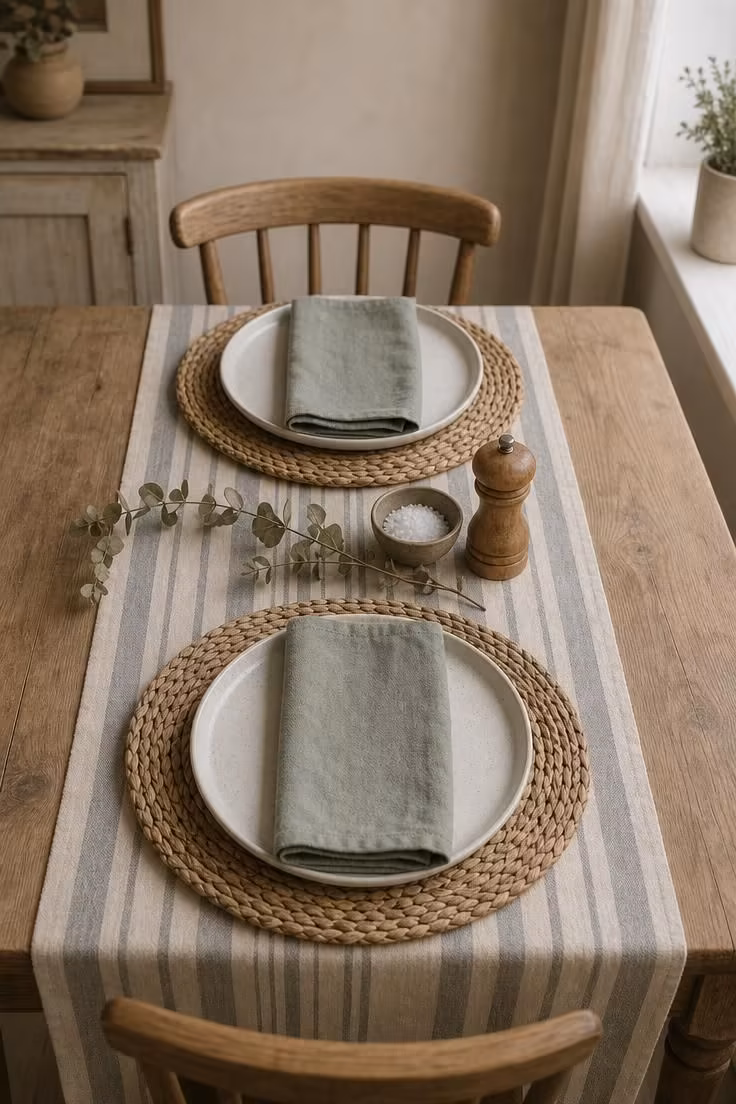 Woven seagrass placemats layered over a striped linen table runner on a scrubbed oak cottage dining table, set with speckled ceramic plates.