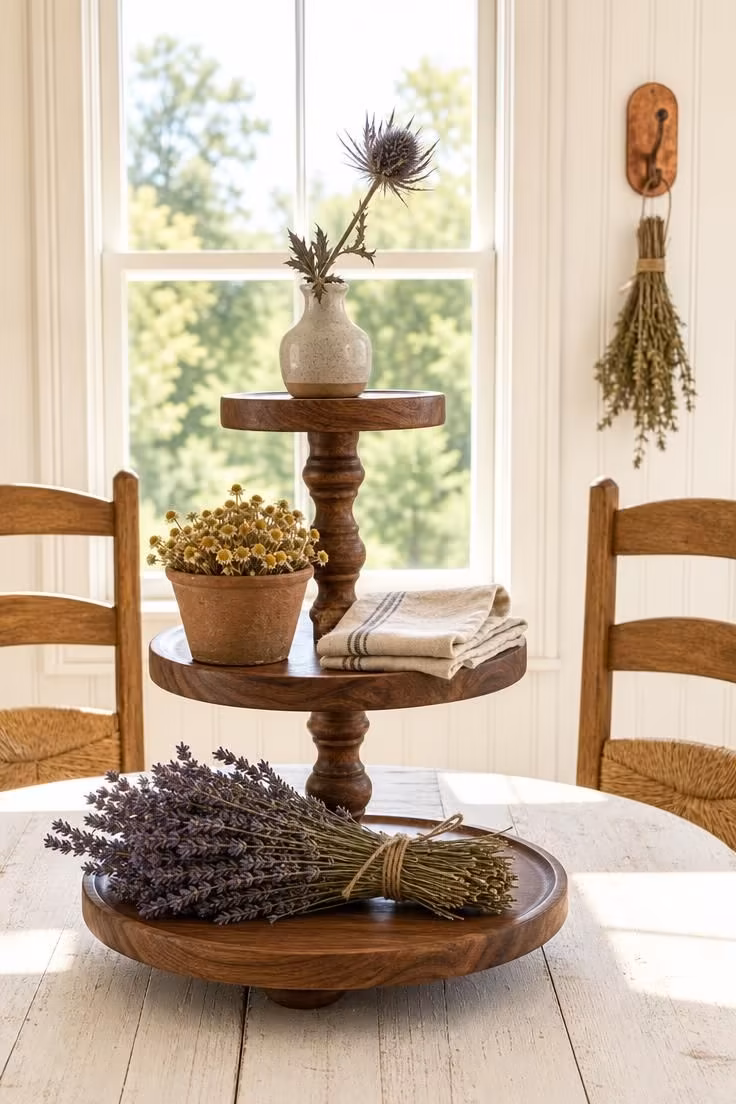 A three-tiered wooden cake stand holding dried wildflower bundles, chamomile, and a thistle stem as a cottage dining room centerpiece on a whitewashed table.