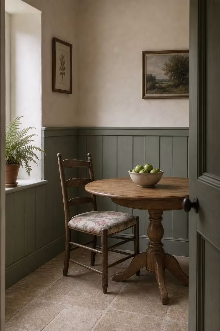 Sage green board-and-batten wainscoting meeting a cream plaster upper wall in a cottage dining room corner with a honey oak pedestal table and ladder-back chair.
