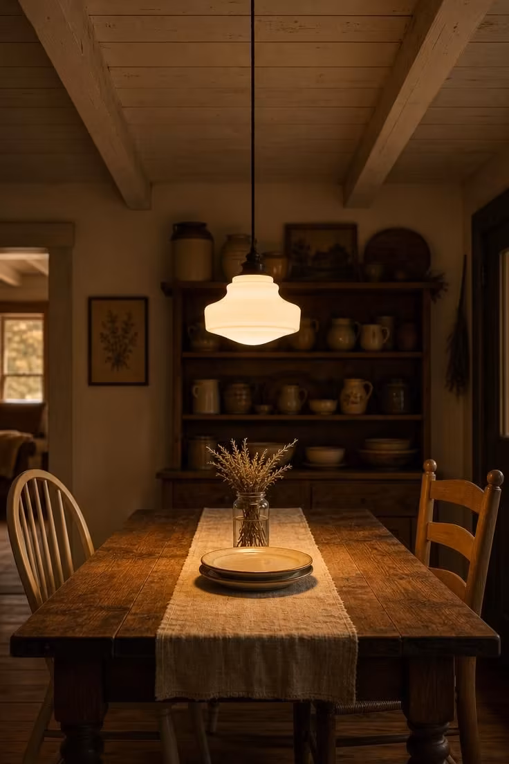 A milk glass schoolhouse pendant hung low over a dark oak farmhouse dining table, casting warm focused light on a linen runner and stacked ceramic plates.