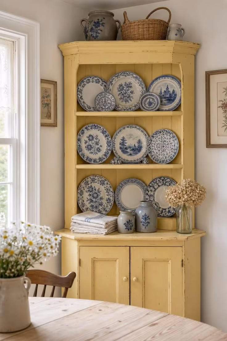 A butter yellow painted pine corner hutch displaying collected blue-and-white plates and vintage stoneware in a cottage dining room with soft diffused light.