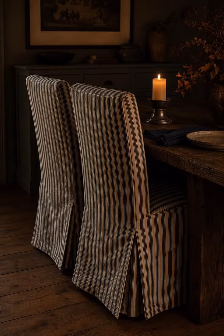 Cotton ticking stripe slipcovers in navy and cream on Parsons dining chairs beside a dark elm table, lit by a single pillar candle in a moody cottage dining room.