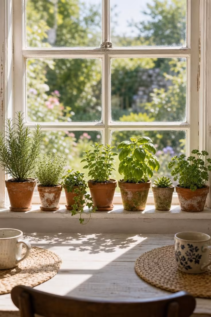 A row of mismatched terracotta pots holding herbs and trailing plants lining a deep cottage dining room windowsill, backlit by bright midday sun.