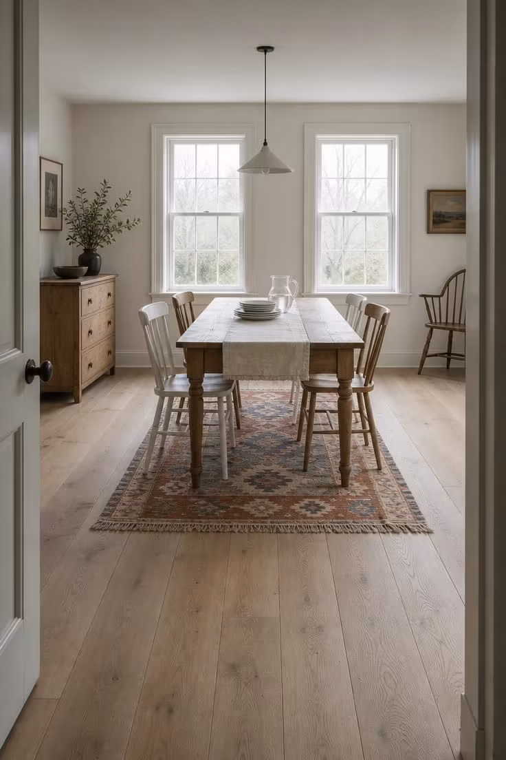 Wide-plank white oak floors beneath a scrubbed pine dining table, with a faded kilim runner in terra cotta and dusty blue in a cool-lit cottage dining room.