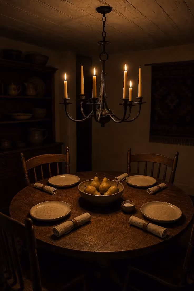 A wrought iron candle chandelier with lit beeswax tapers hanging over a round oak pedestal table set with handmade ceramic plates in a moody cottage dining room.