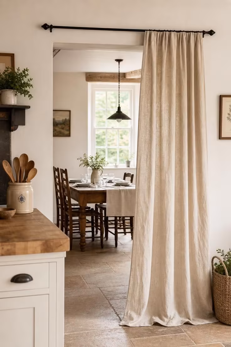 A natural flax linen curtain panel hung as a room divider between a cottage kitchen and dining area, partially drawn to reveal the dining table beyond.